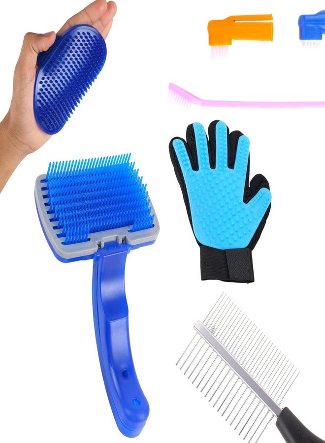 مجموعة العناية بالحيوانات الأليفة مع فرشاة تنظيف ذاتي، وقفاز لإزالة الشعر الزائد، ومشط معدني للكلاب، أزرق وأسود، مجموعة العناية الاحترافية (عبوة من 5 قطع) - Image 1